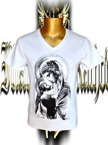 Madonna with Child. Black/grey screen print .Stretch cotton .V-neck .Unisex.