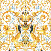 Ilian Rachov for Versace. Baroque Marmaids. Created in 2005. Inspired from the tapestry of The King Sun Louix XIV in Louvre. Used in Versace Home Collections 2006/2007/2008/2009/2010/2011/2012/2013/2014 for cushions, ties, bedspreads, scarves and other objects.
