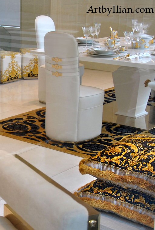 VERSACE HOME 23.02.2014. Via Borgospeso Milan. The cuscions with pattern design created by Ilian Rachov for Versace in 2004.