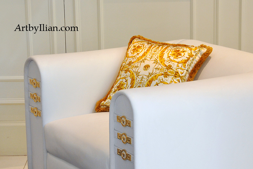 VERSACE HOME 23.02.2014. Via Borgospeso Milan. The cuscions with pattern design created by Ilian Rachov for Versace in 2004.