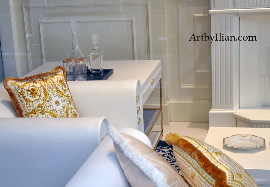 VERSACE HOME 23.02.2014. Via Borgospeso Milan. The cuscions with pattern design created by Ilian Rachov for Versace in 2004.